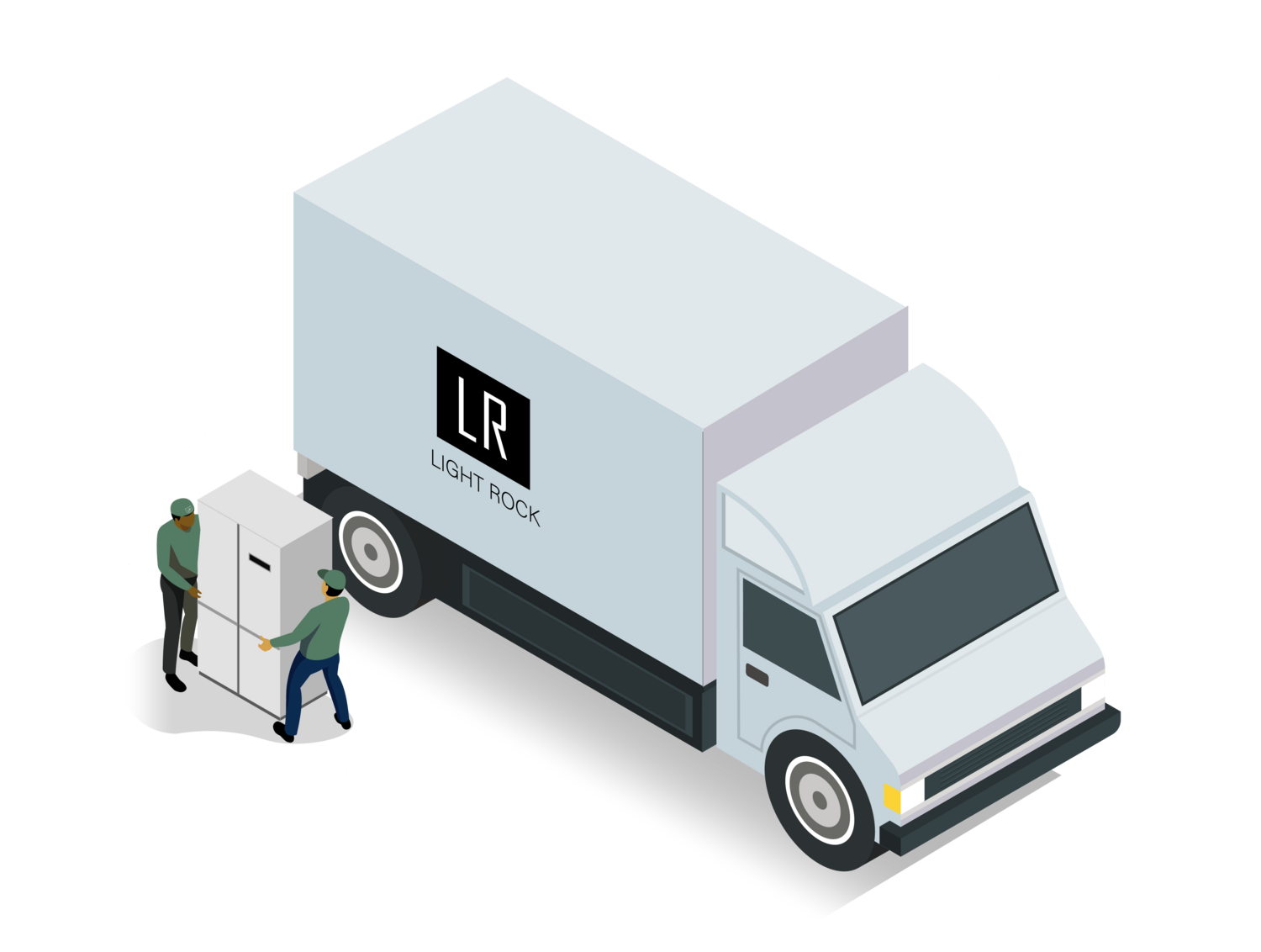 Two workers loading a white box onto a white LR United truck.
