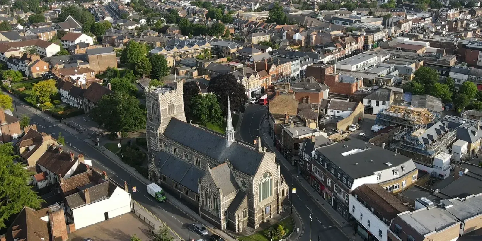 Aerial view of Chipping Barnet with St John the Baptist church and the High Street