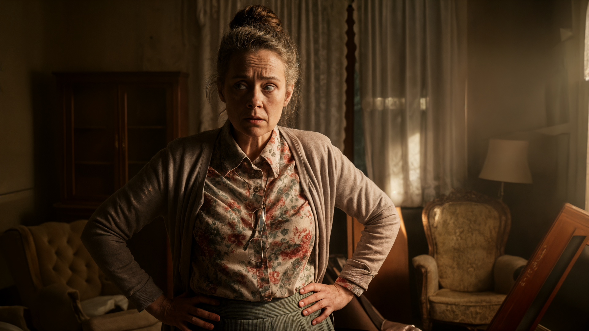 A woman with gray hair in a messy room, looking concerned with hands on her hips.