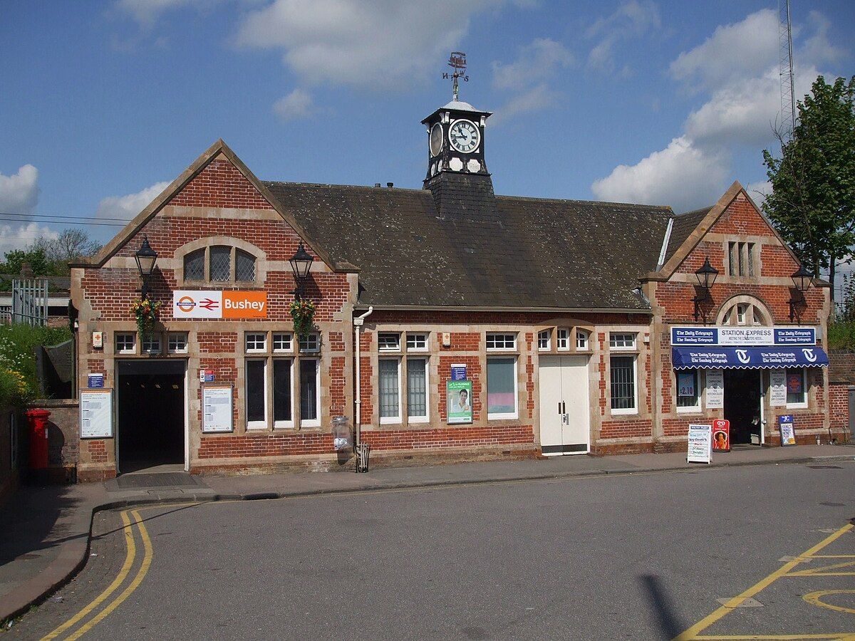 Bushey railway station building with its clock tower