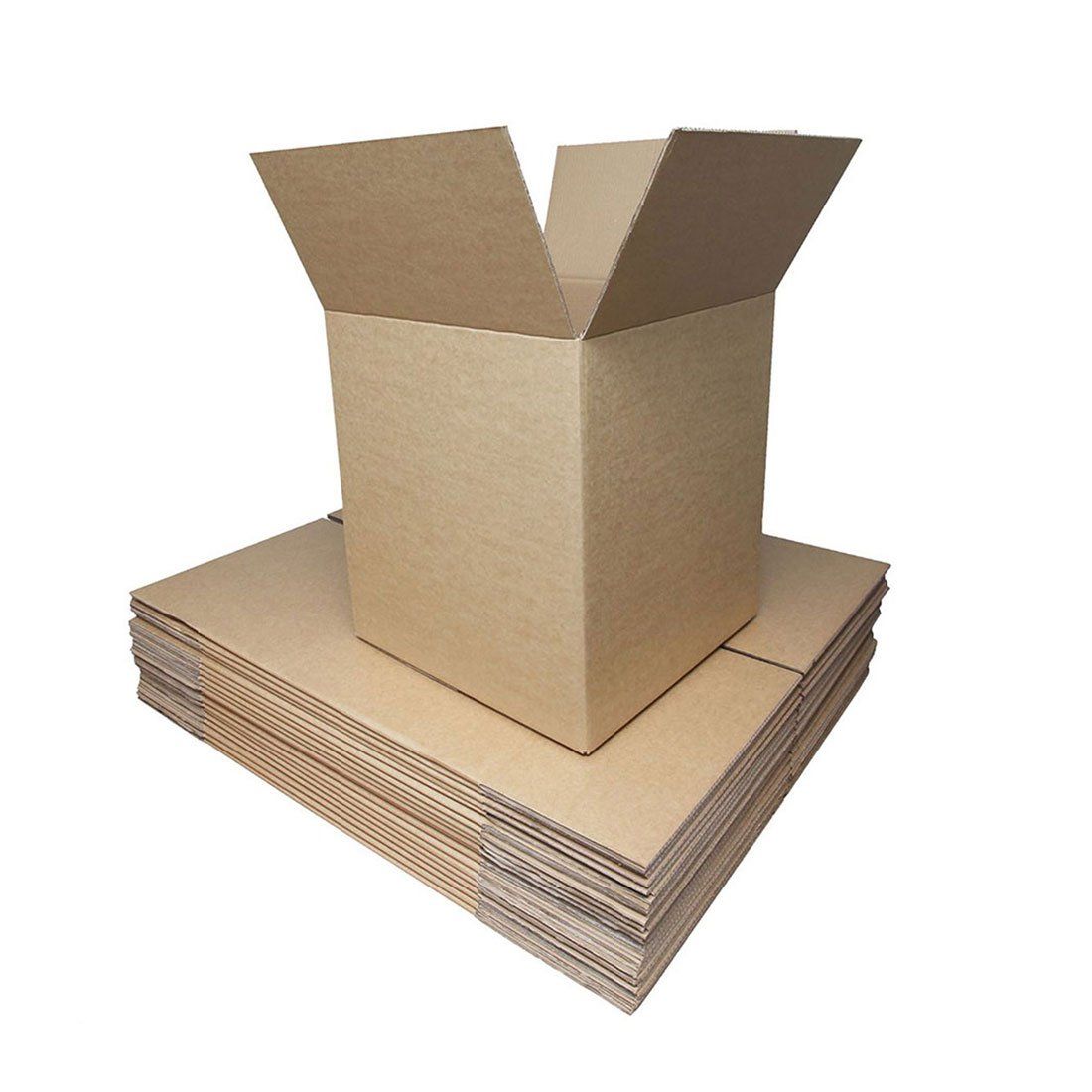 Cardboard box standing on a stack of flat cardboard pieces, all in shades of brown.