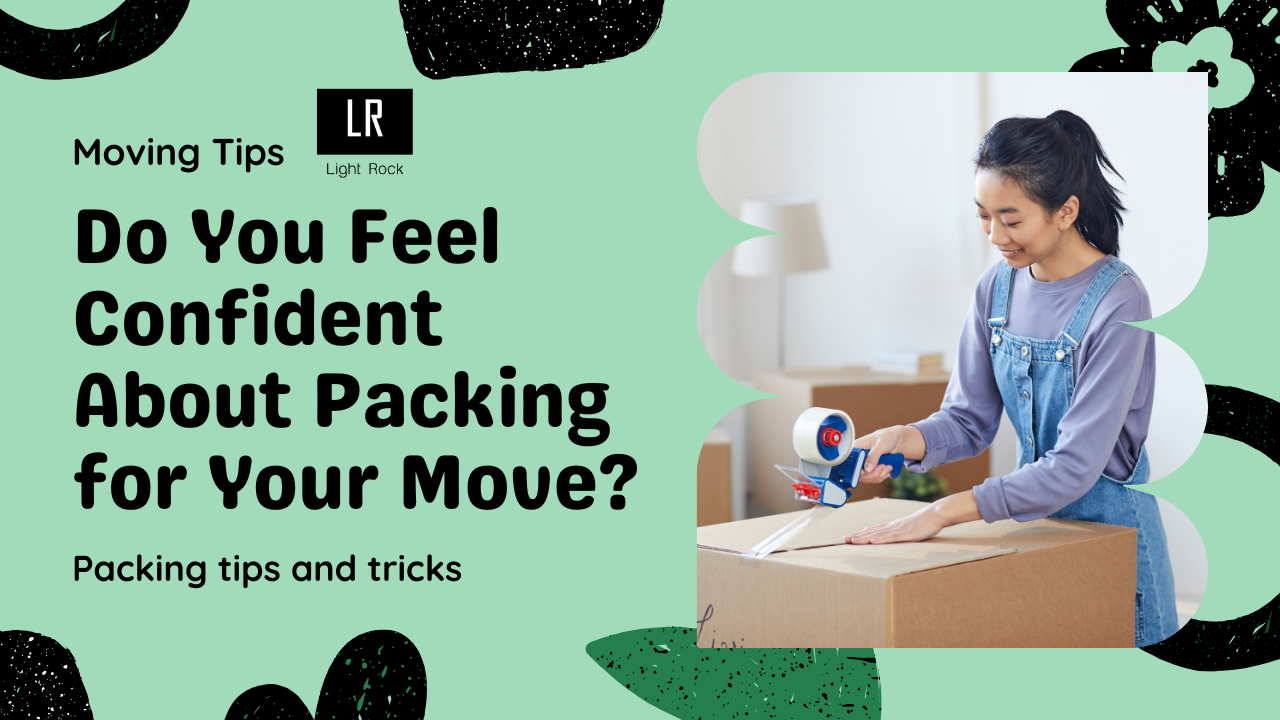 A woman packing a box, part of a