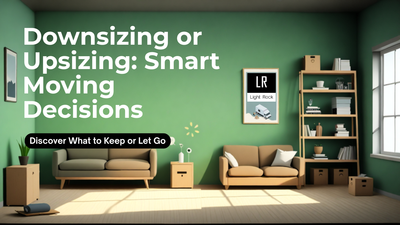 Green-walled living room with two sofas, shelves, and text: