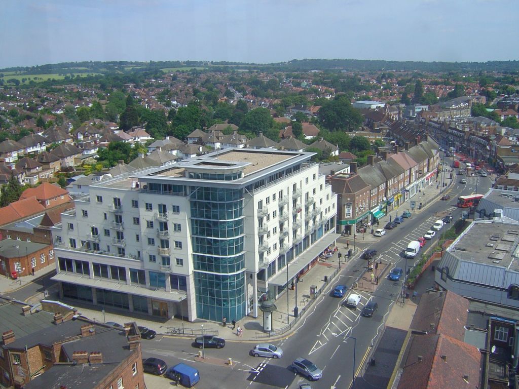 Aerial view of Edgware town centre and Station Road