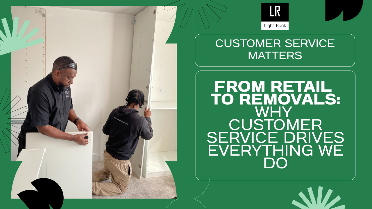 Two workers installing cabinet. Text overlay: