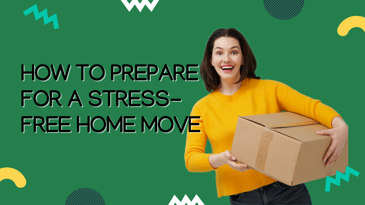 Woman holding a box with text 