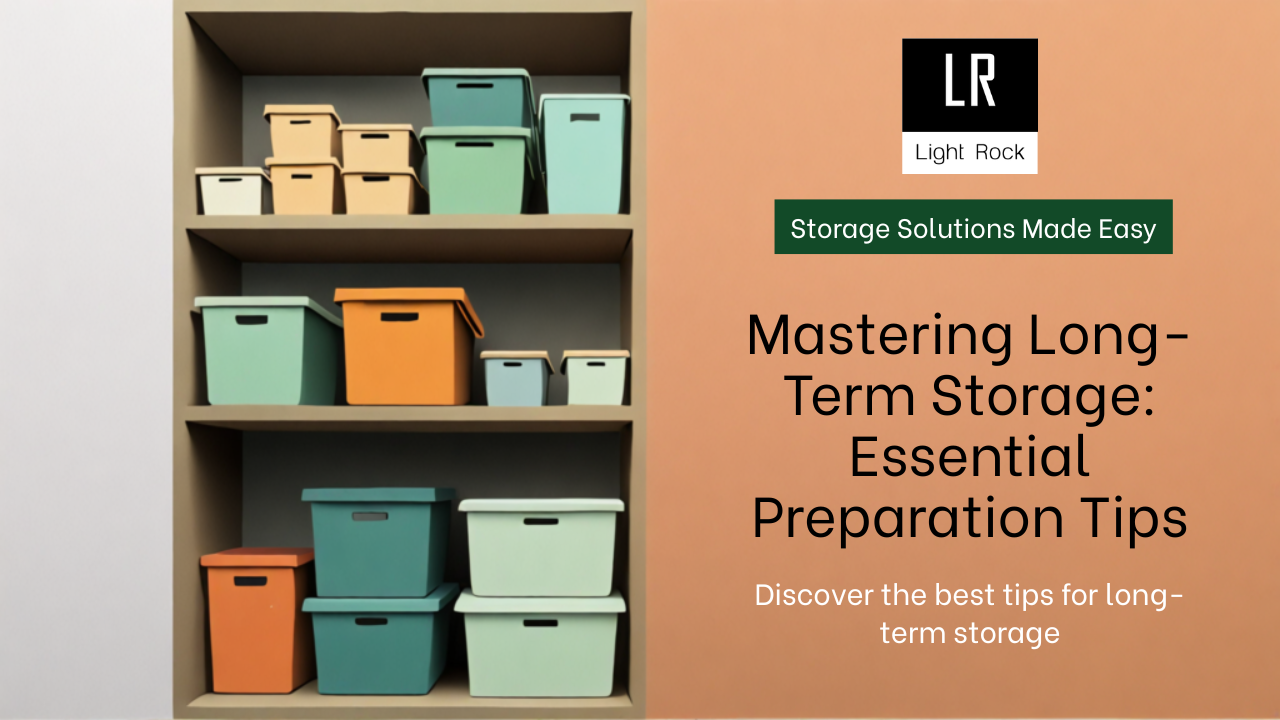 A shelf filled with various colored storage boxes, promoting long-term storage tips.