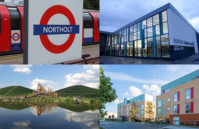 Montage of Northolt: the tube station, leisure centre, Northala Fields and new homes