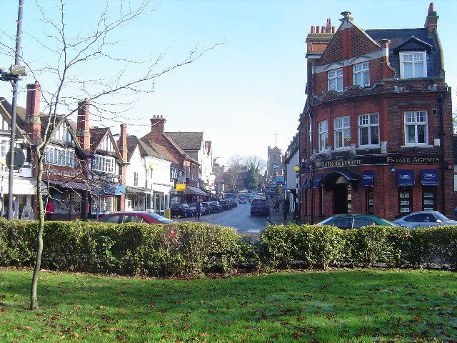 Pinner High Street with its red-brick estate agents' building
