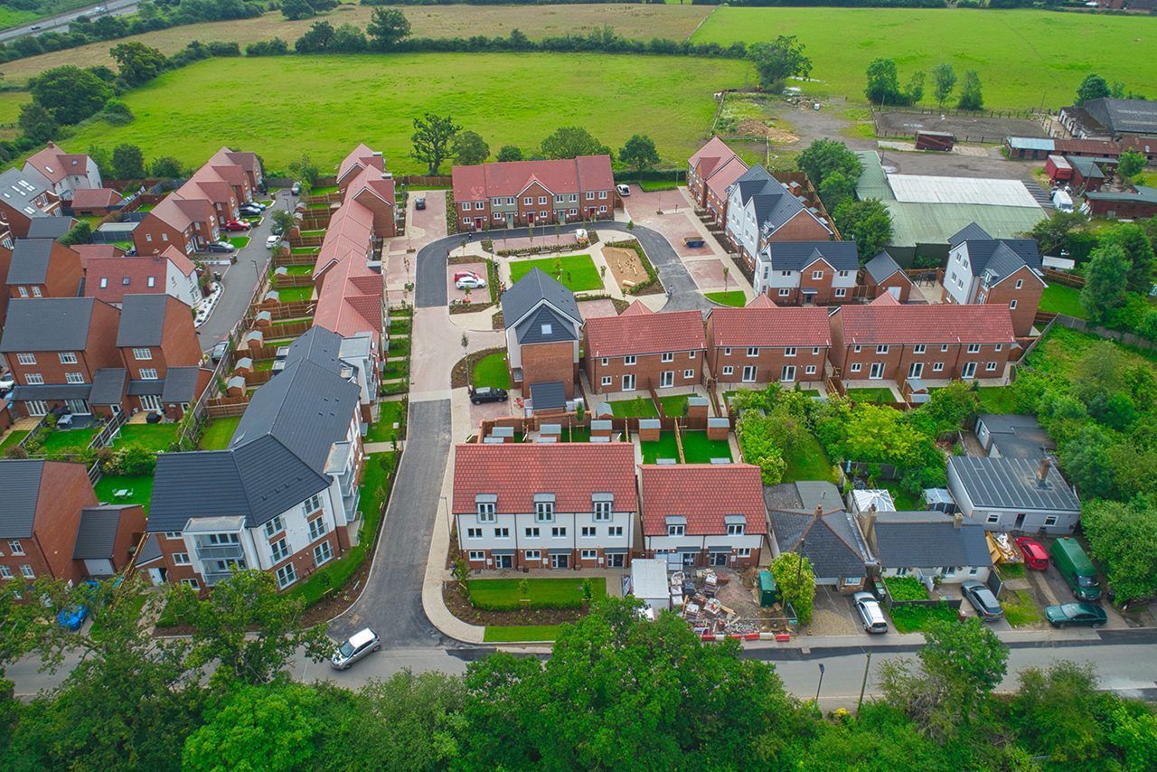 Aerial view of the new-build homes on Rossway Drive, Bushey