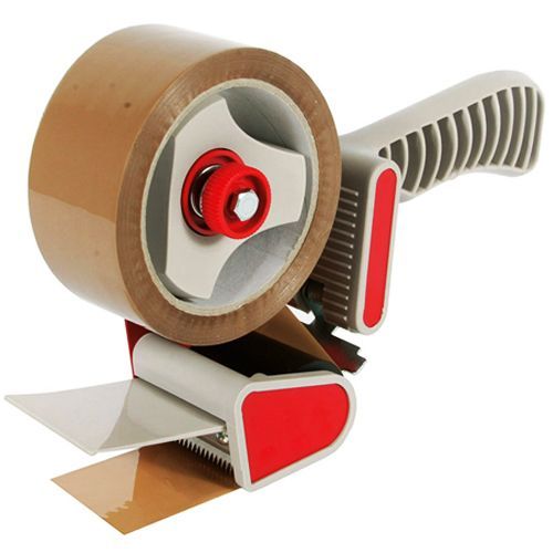 A brown packing tape dispenser with a roll of tape. The dispenser is gray with red accents and dispenses tape