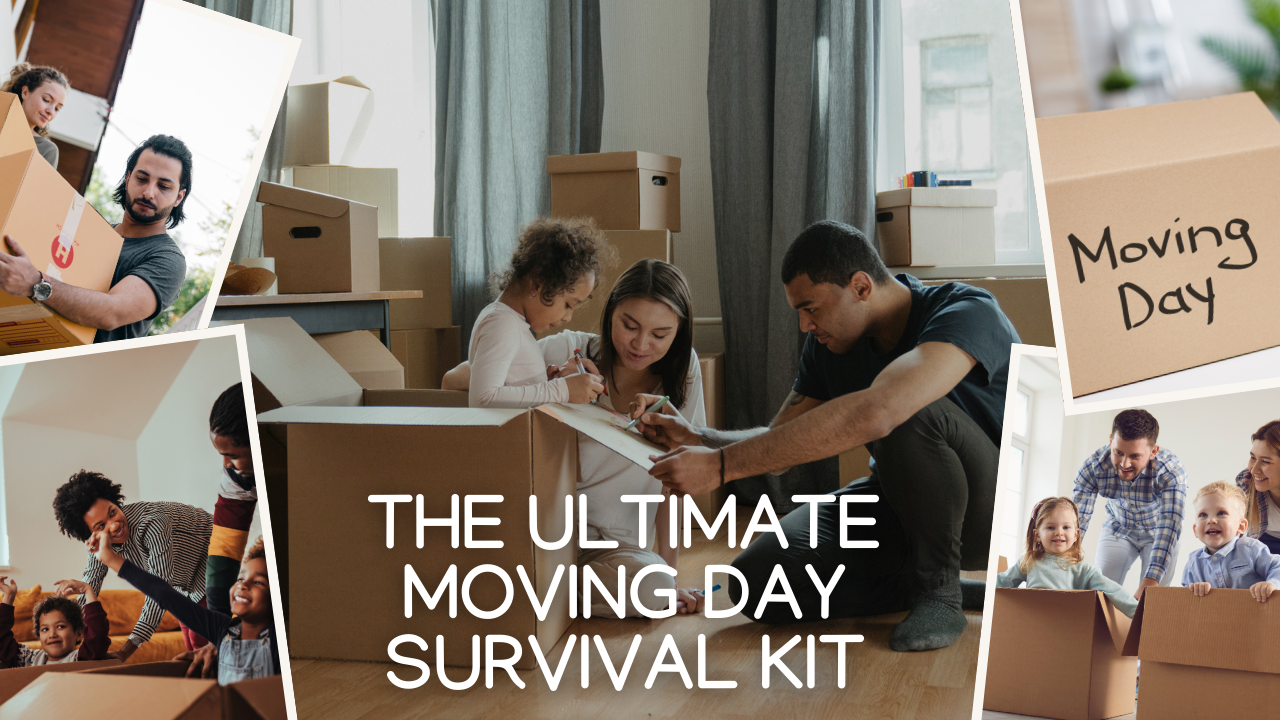 Collage of families moving, packing boxes, and the text