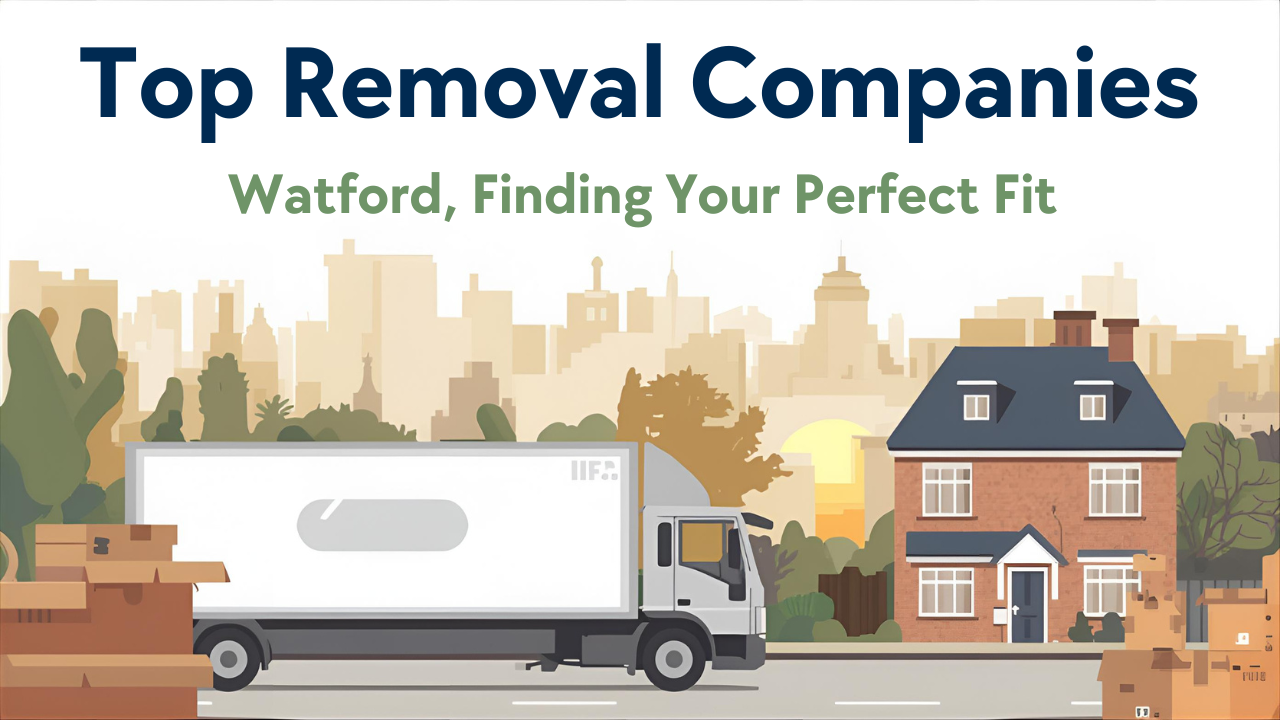 Moving truck in Watford, UK, with a house, boxes, and cityscape in the background.