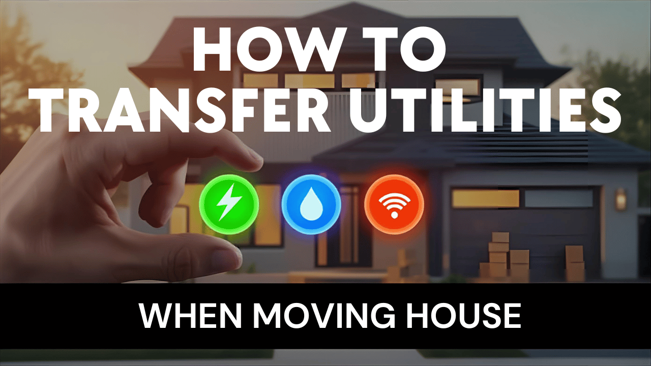 Hand holding glowing icons for electricity, water, and internet in front of a house, text: