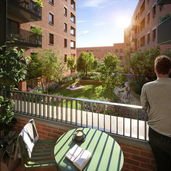 Balcony view over a landscaped courtyard at a new Wembley housing development