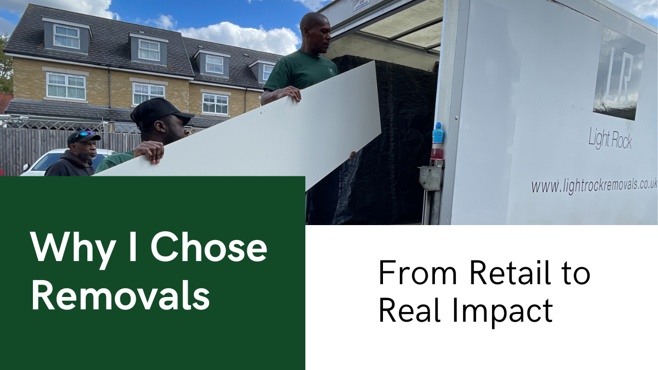 Three men load a white panel into a moving truck outside a building with a dark green title card 