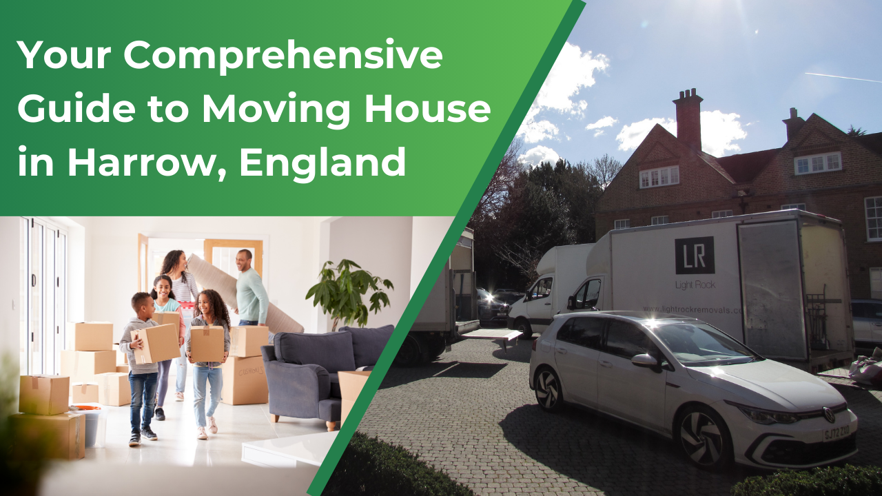 A family moving boxes out of a house in Harrow, England, with a moving truck parked in the driveway.