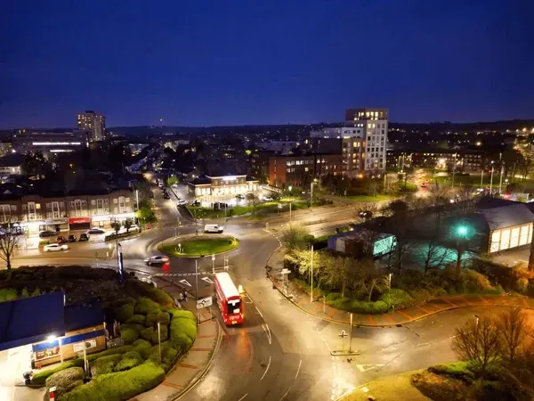 Aerial night view of Borehamwood town centre