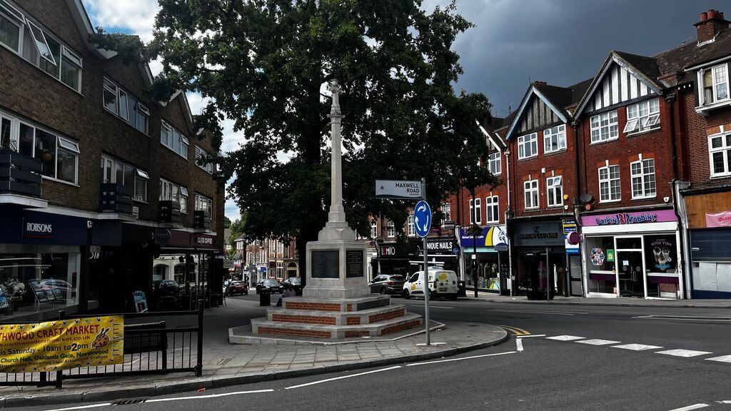Northwood war memorial and the shops on Green Lane