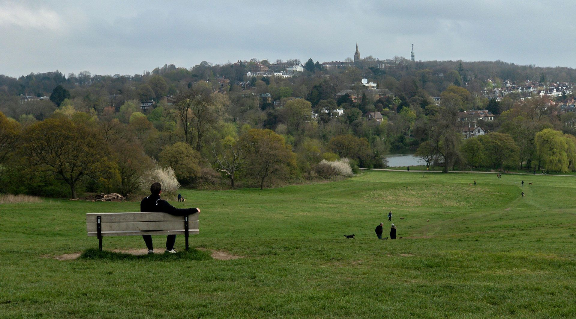 Person sitting on a park bench, gazing at a distant town with church spires. Overcast day, lush green grass and trees.