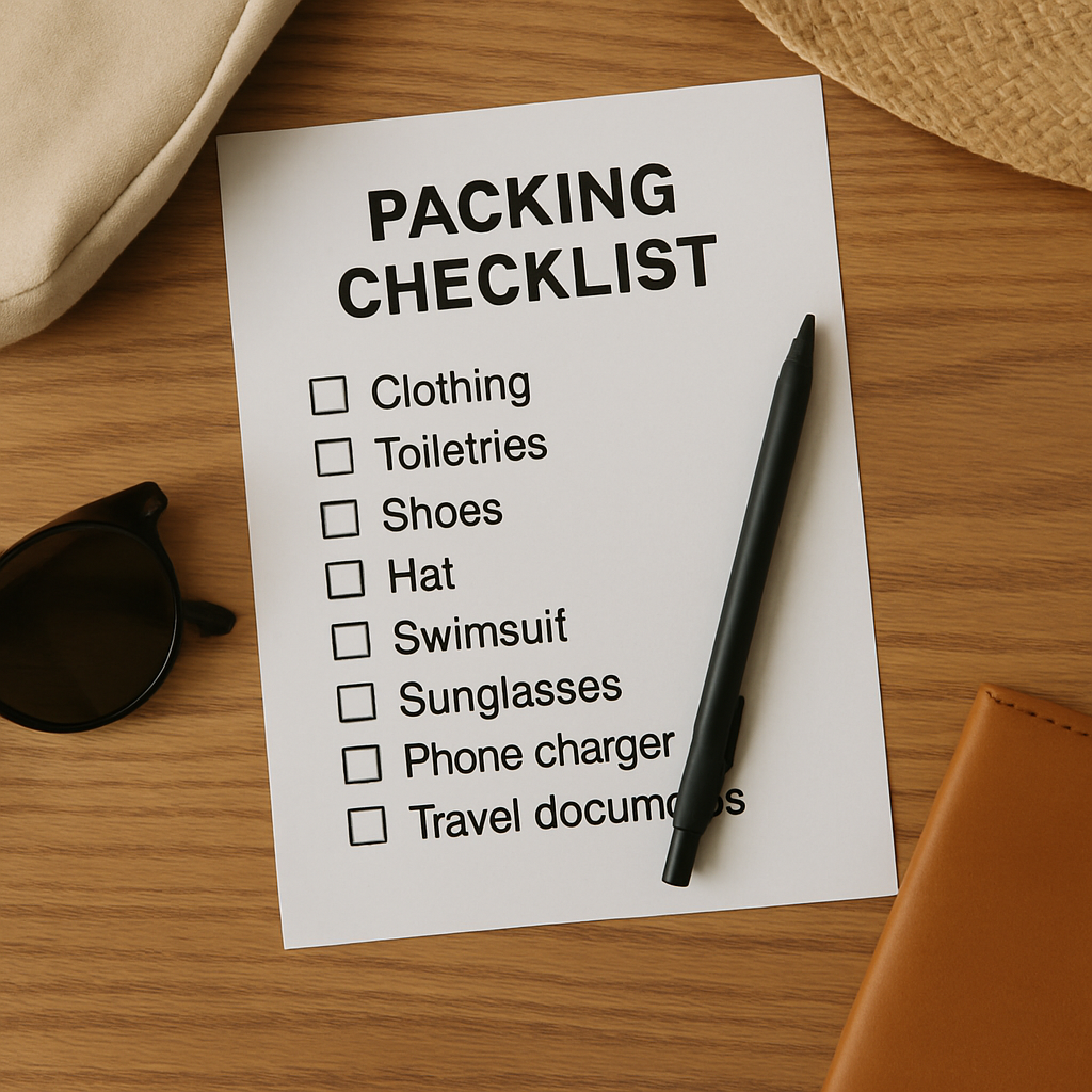 Packing checklist on a wooden table, with sunglasses, pen, and travel items.