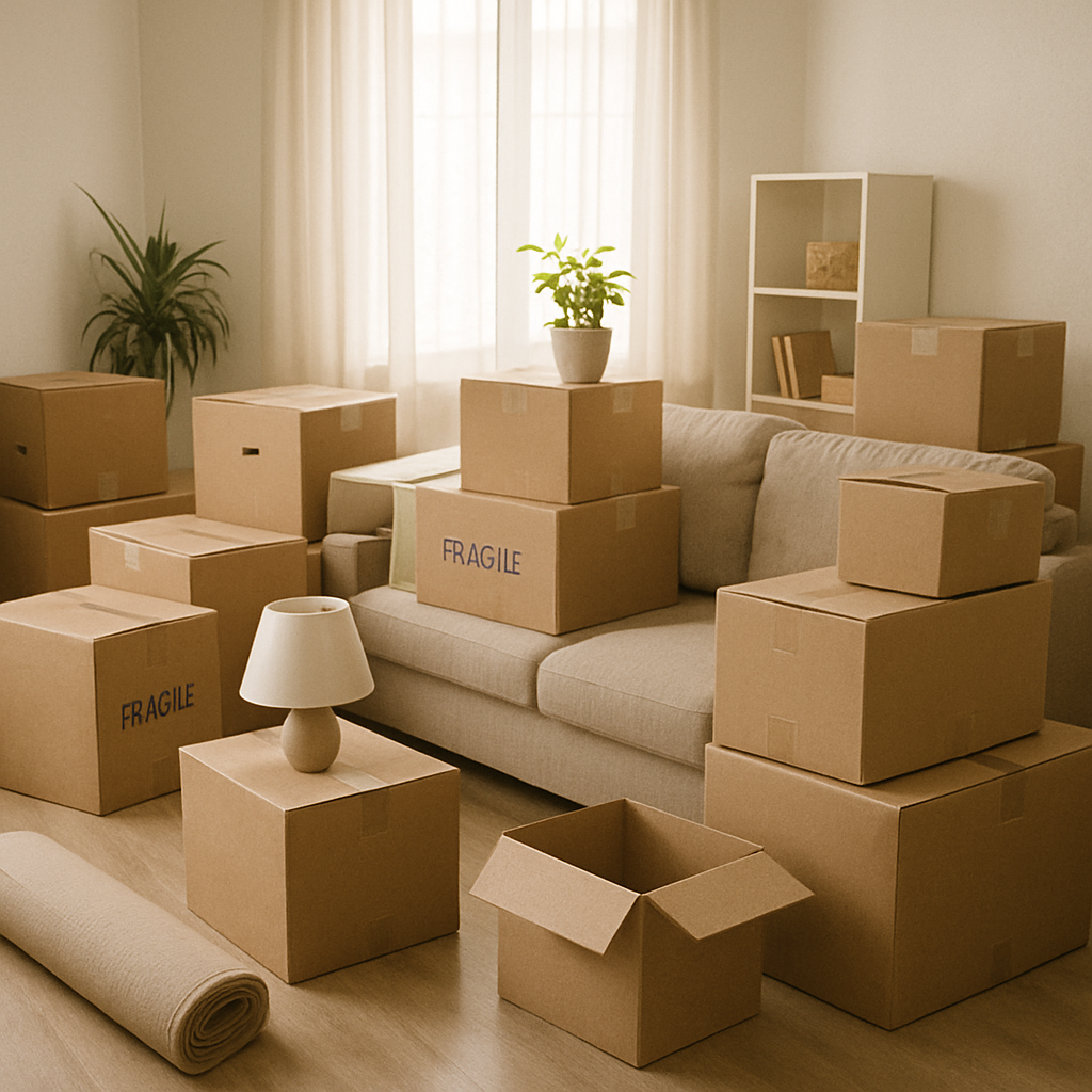 Cardboard boxes stacked around a sofa in a living room, suggesting a move. A lamp and plant sit on boxes.