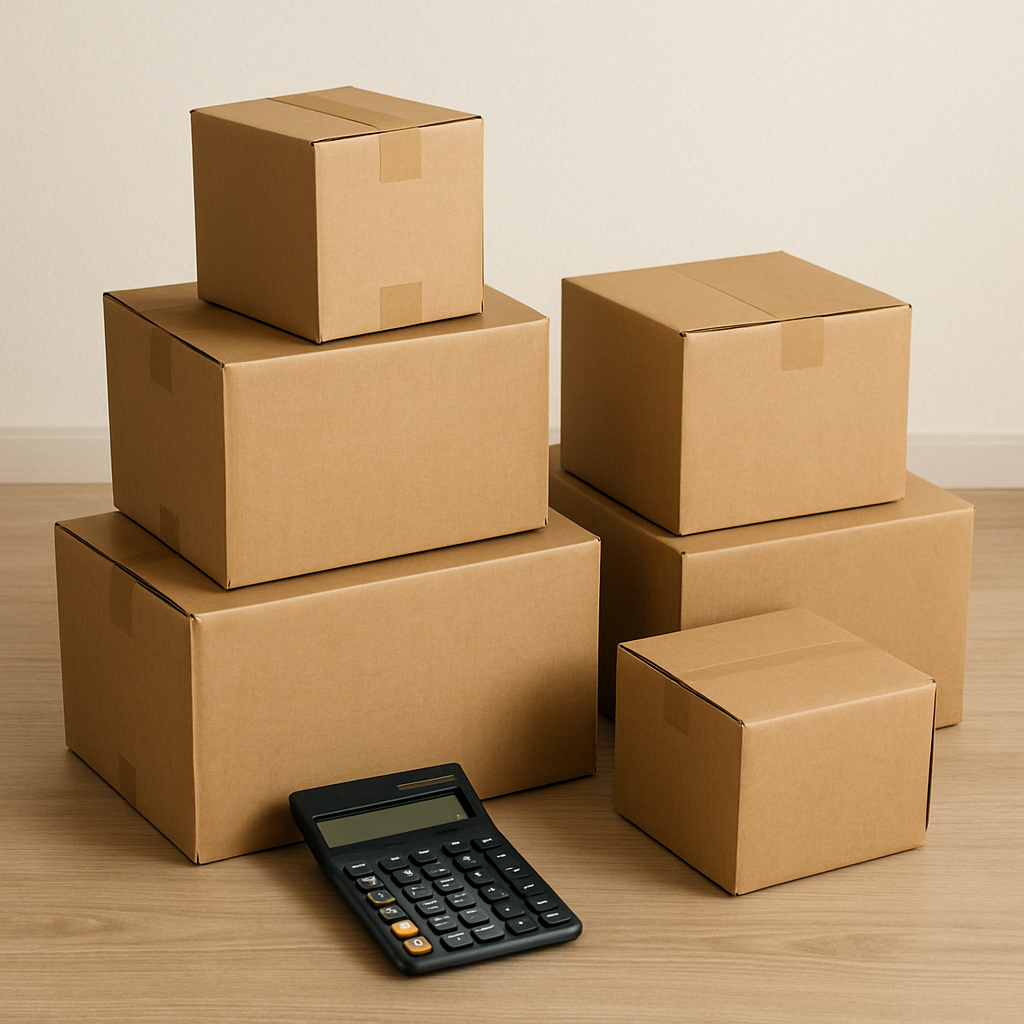 Cardboard boxes stacked, with a calculator, on a wooden floor.