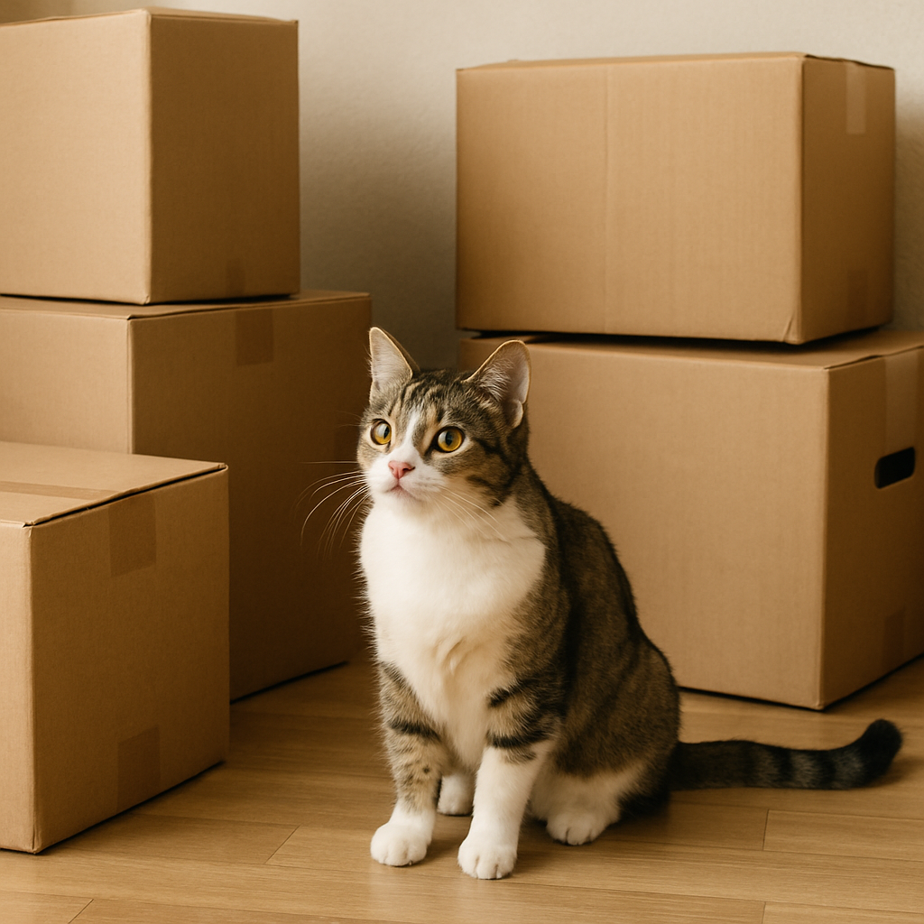 Cat sitting in front of stacked cardboard boxes, looking upward.