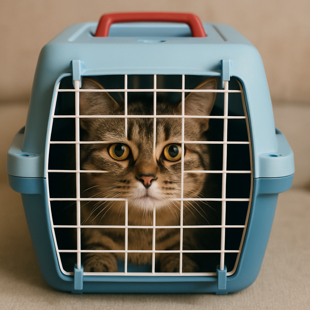 Cat with brown tabby markings in a blue pet carrier, looking forward.