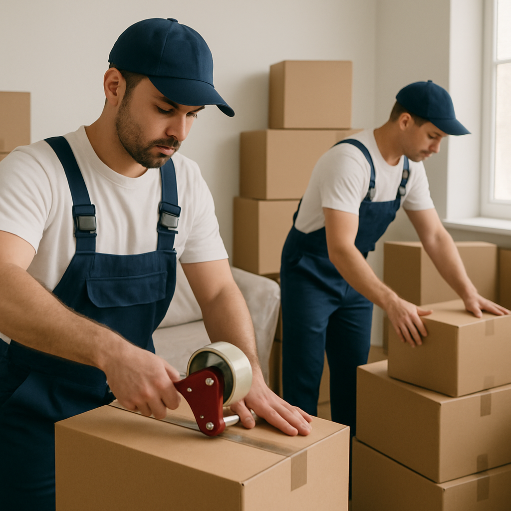 Two workers in blue overalls and caps packing boxes in a room.