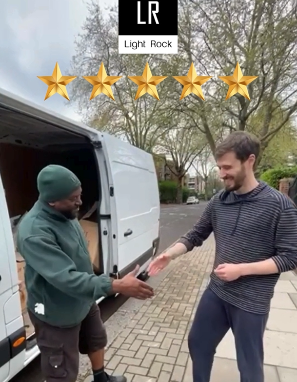 Two men shaking hands in front of a white van, both smiling. The top left corner has “LR Light Rock” and 5 gold stars.