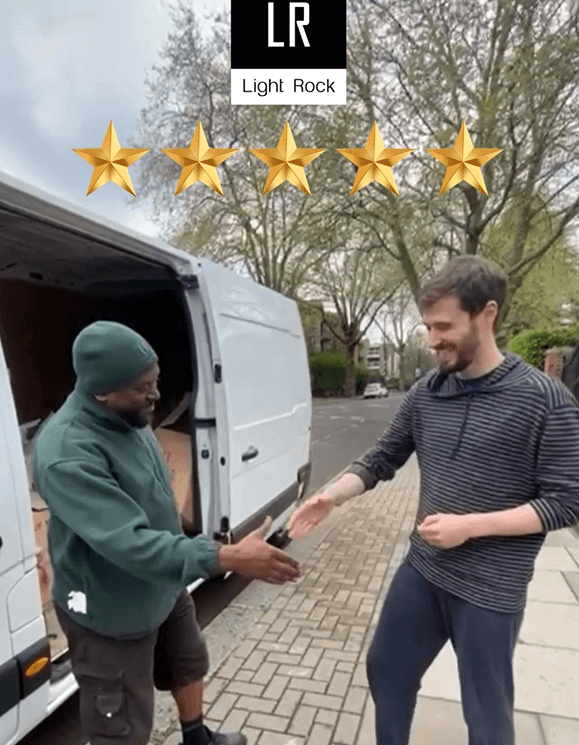 Five-star review – Light Rock Removals mover shaking hands with a happy customer