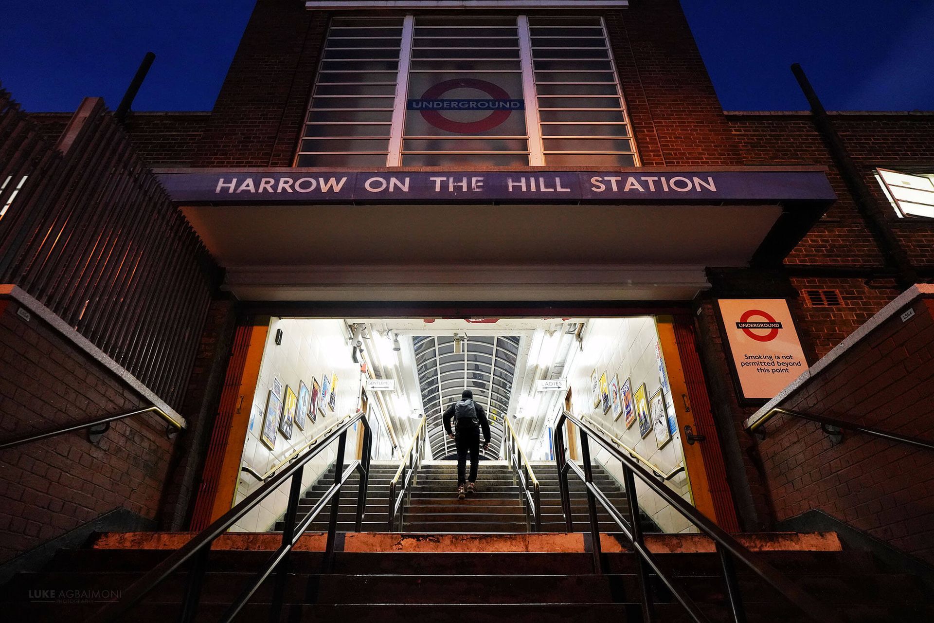 Entrance to Harrow-on-the-Hill station at dusk