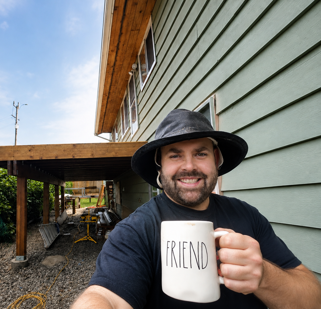 Smiling man in black hat holding a mug beside a green house and covered patio