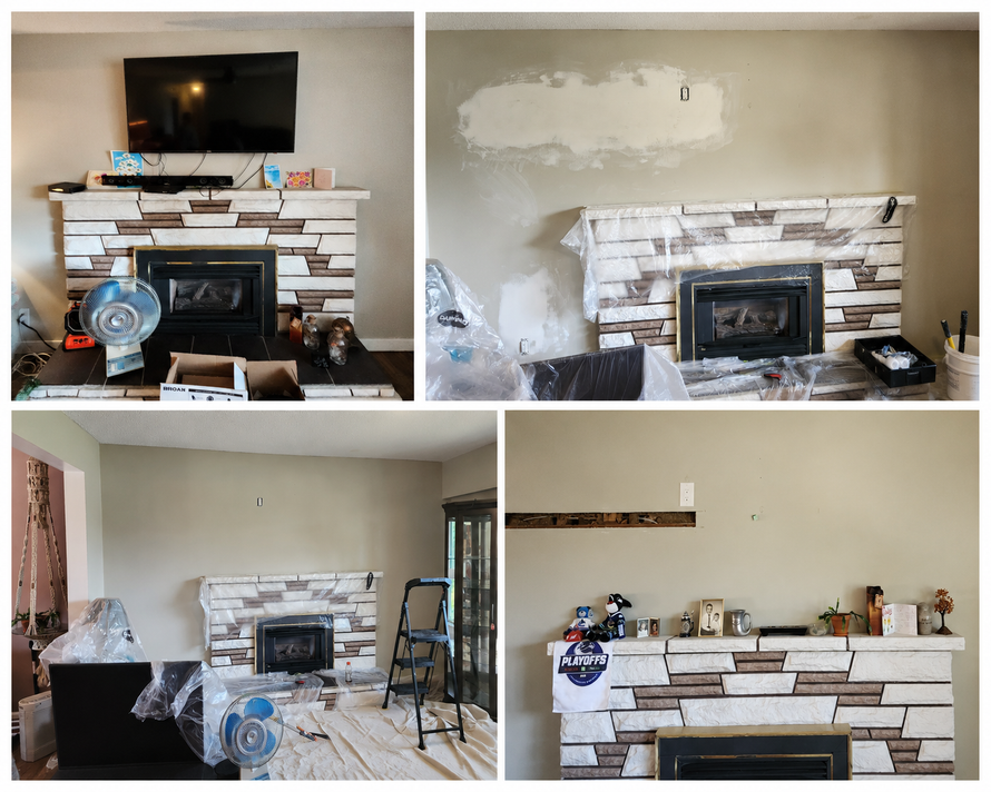 Four photos of a living room fireplace renovation in progress, with stacked white stone and tools nearby