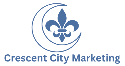 The logo for crescent city marketing has a fleur de lis in the middle of a crescent moon.
