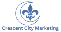 The logo for crescent city marketing has a fleur de lis in the middle of a crescent moon.