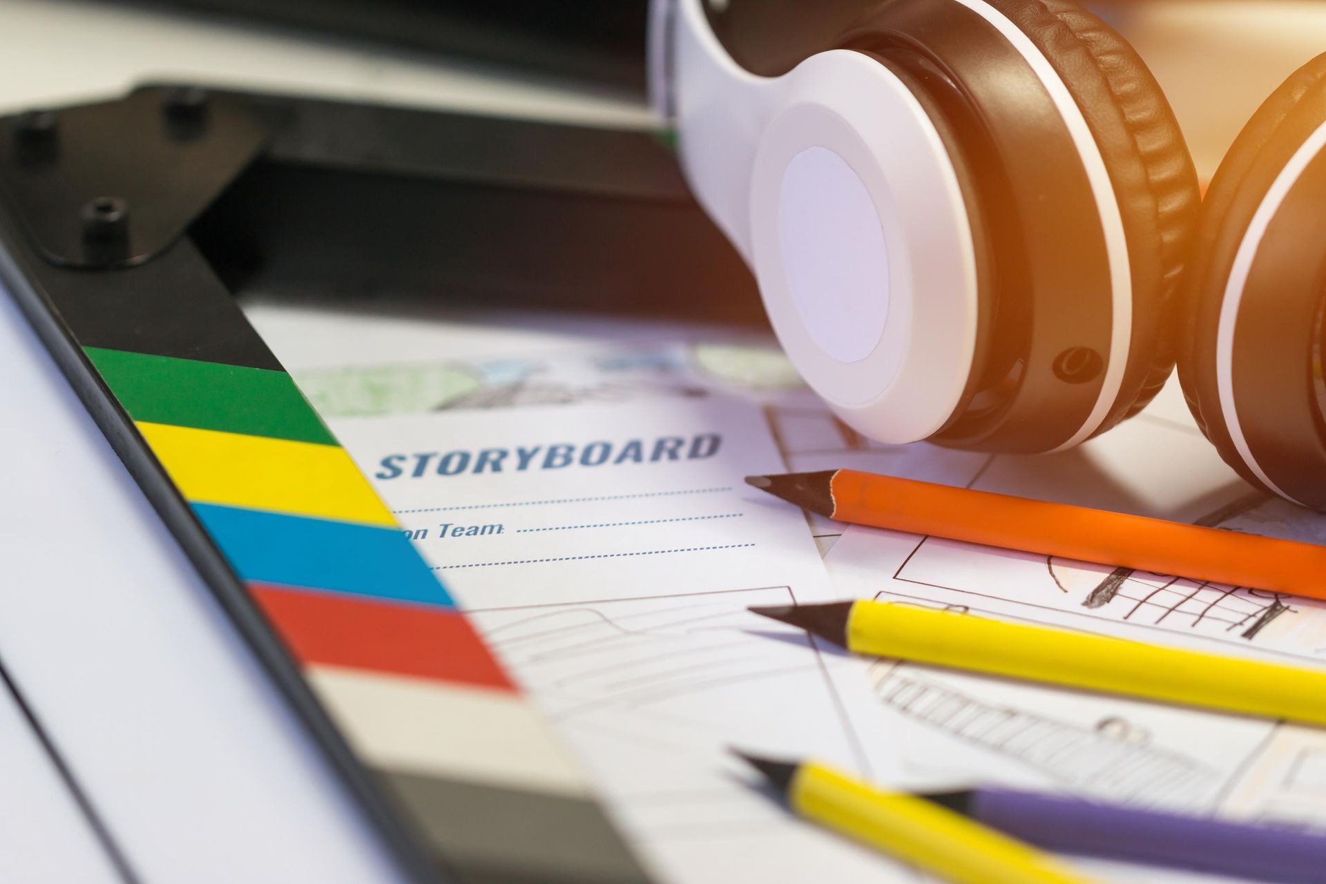 A pair of headphones sitting on top of a storyboard
