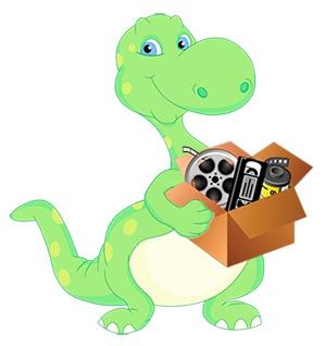 A cartoon dinosaur is holding a box full of items.