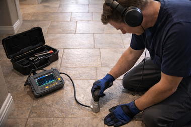 Technician in blue gloves uses a floor moisture meter beside an open case on tiled flooring.