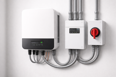 Wall-mounted electrical control boxes and conduit on a white wall, including a red rotary switch.