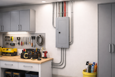 Garage workshop with tool bench, wall-mounted electrical panel, and storage cabinets