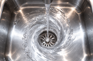 Stainless steel kitchen sink with running water swirling toward the drain