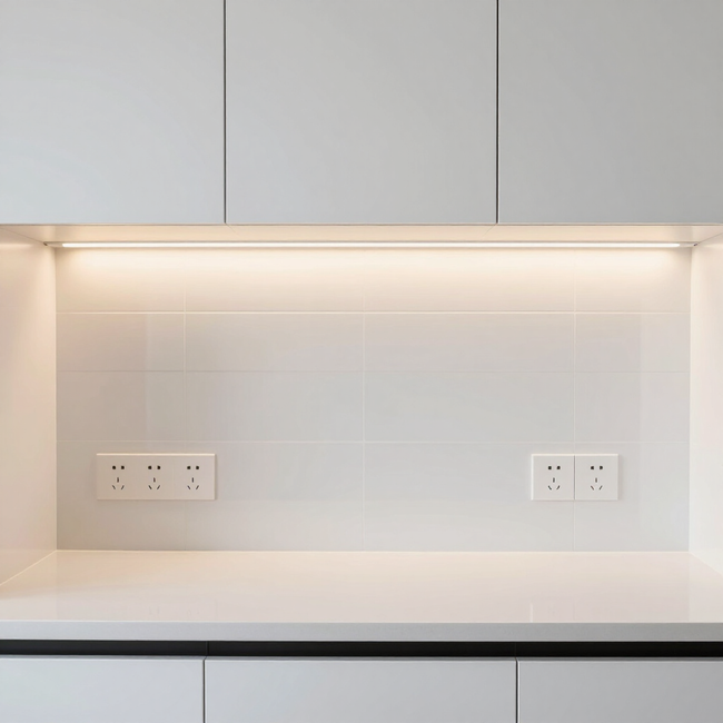 Modern white kitchen backsplash with cabinets, countertop, under-cabinet lighting, and electrical outlets