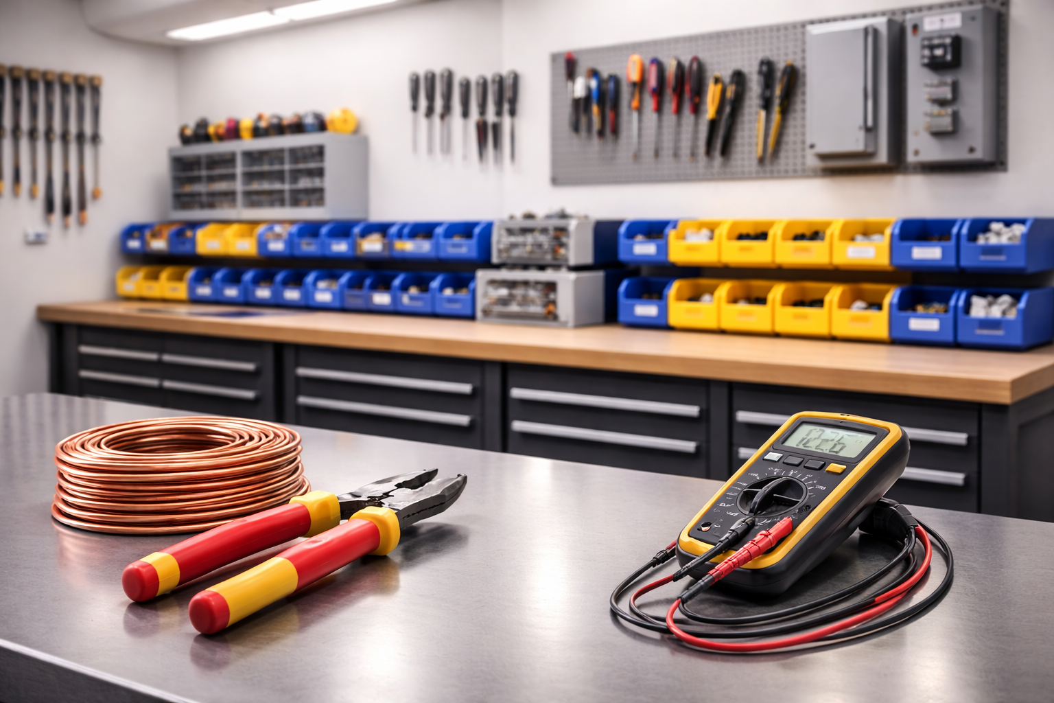 Workshop bench with copper wire coil, pliers, and a digital multimeter on a workbench with tool shelves behind.