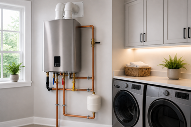 Utility room with wall-mounted water heater, copper pipes, and washer-dryer beneath cabinets