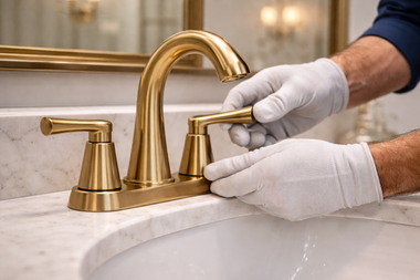 Gloved hands tightening a gold bathroom faucet on a white sink