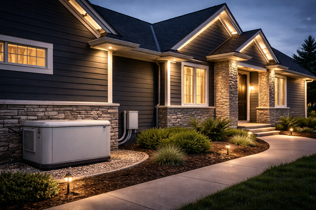 Modern suburban house at dusk with warm exterior lights, stone accents, and a curved walkway.