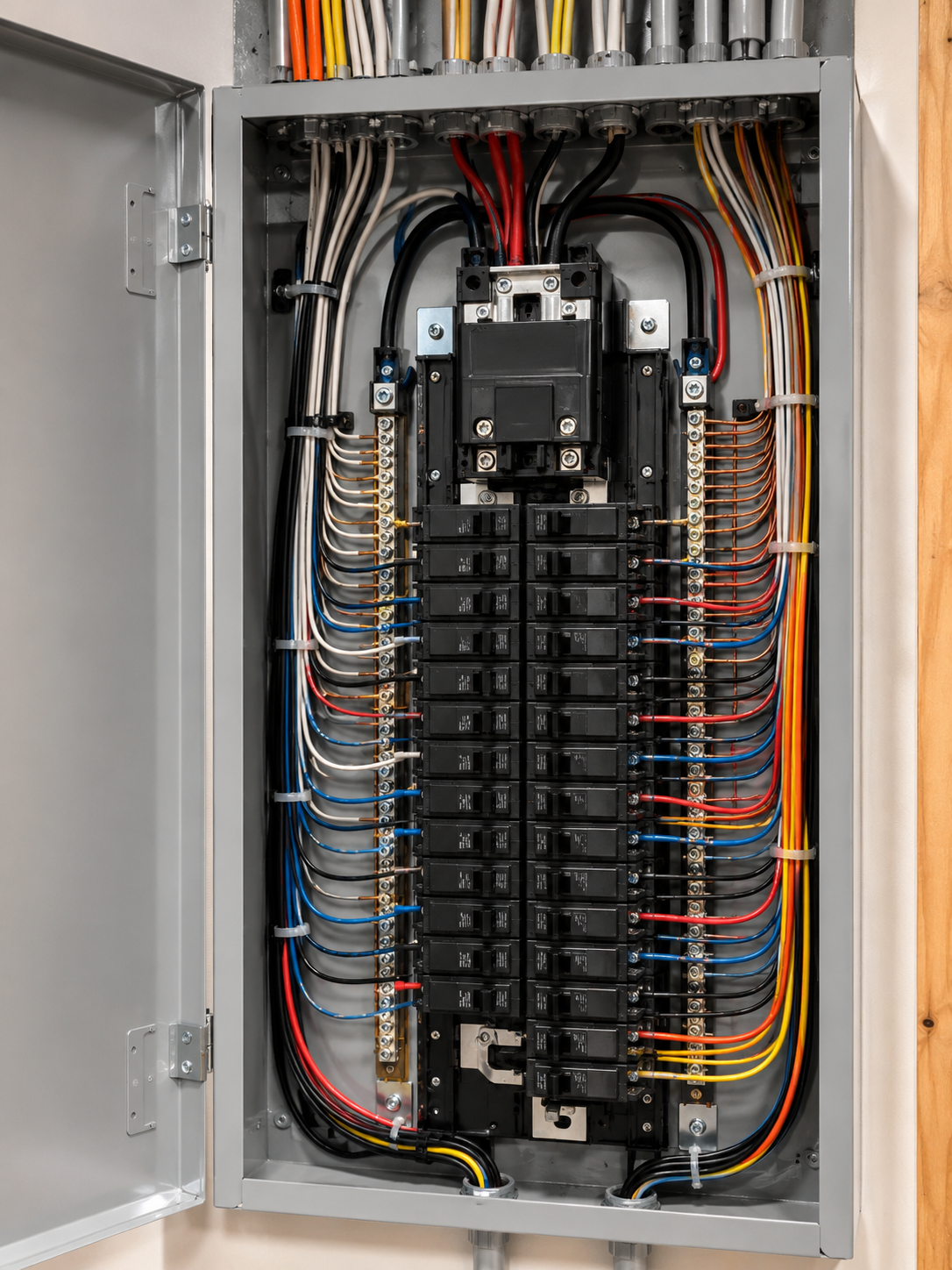 Open electrical breaker panel with rows of breakers and multicolored wiring inside a gray metal cabinet