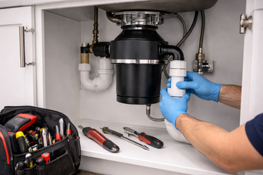 Plumber installing a white pipe under a kitchen sink with tools nearby